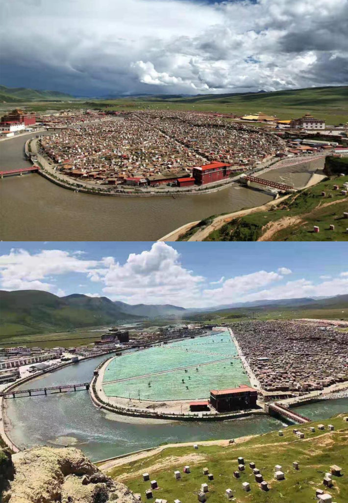 A photo of the Yachen Gar Buddhist center before demolition (top), compared to a recent photo of the Yachen Gar (bottom).