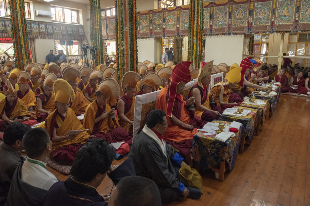Tibetan high lamas from four Buddhist sects and Bon, in the front row, reciting the Long Life Offering for His Holiness the Dalai Lama at the main temple, 13 September 2019. Photo/Tenzin Jigme Taydeh/CTA