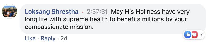 Loksang Shrestha from Barcelona, Spain, writes a comment that read as May His Holiness has a very long life with supreme health to benefits millions by your compassionate mission. Photo/Screengrab