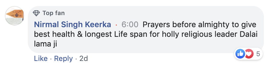 Nirma Sing Keerka, a top fan follower from Chandigarh, India, writes a comment that read as: Prayers before almighty to give best health and longest life span for holy religious leader Dalai Lama ji. Photo/Screengrab