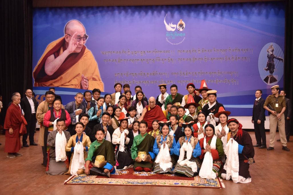 Artists of TIPA with His Holiness the Dalai Lama at the celebrations of TIPA's 60th anniversary. Photo/Tenzin Jigme/CTA