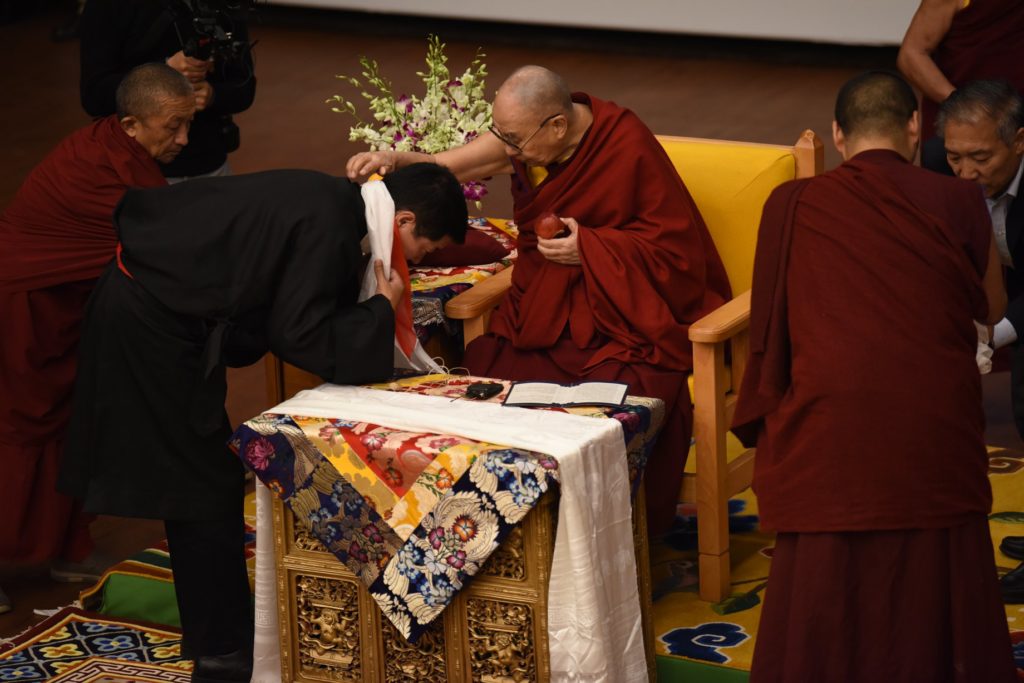 President Dr Lobsang Sangay, Central Tibetan Administration receives blessings from His Holiness after the auspicious offering of Mandala at the inaugural ceremony of TIPA's 60th founding anniversary. Photo/Kunsang Yelphel/CTA