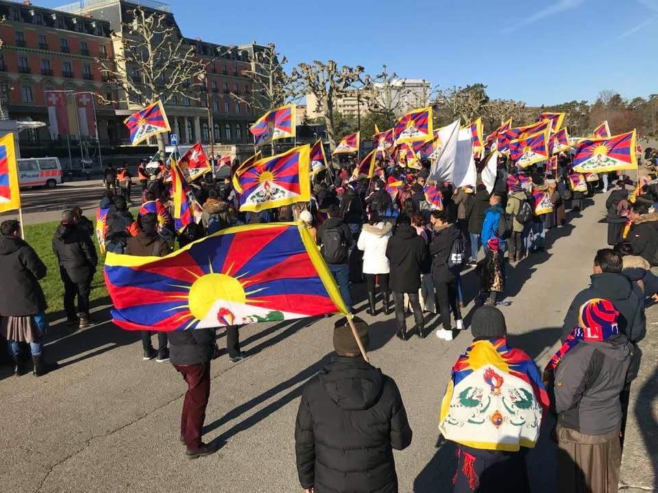 Over 500 Tibetans marching towards United Nations at Place des Nations underscoring China's continued violations of basic rights of Tibetans.