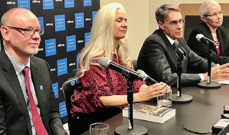 Photo: Human Rights Watch (HRW) at the UNCA press conference on 14 January 2020 (from left to right) Louis Charbonneau, UN director at HRW; Emma Daly, media director, HRW; Kenneth Roth, executive director, HRW and Sophie Richardson, China director, at HRW presenting HRW 2020 Annual Report focusing on China. Credit: Erol Avdović - Webpublicapress New York 2020.