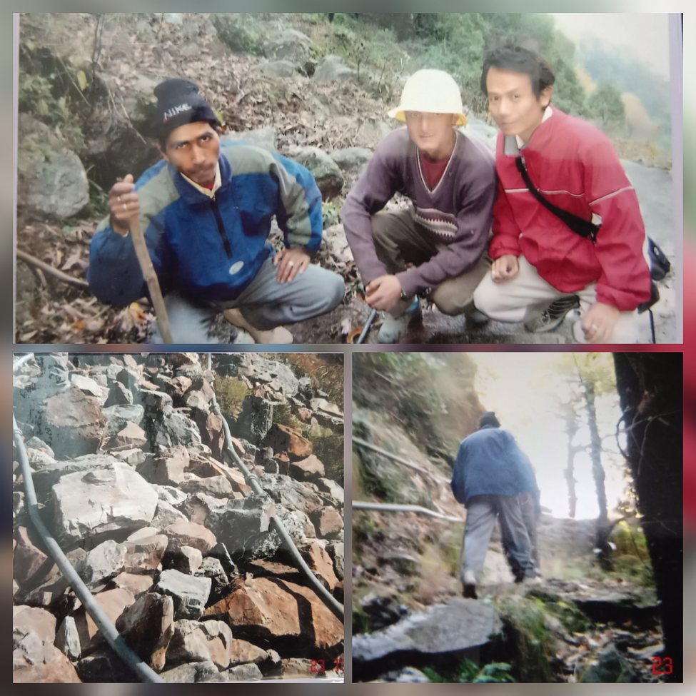 Mr Tenzin Choephal repairing Gangkyi water pipelines with Indian co workers, 2008. 