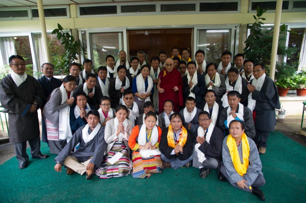 A group photo of Tibetan Settlement Officers with His Holiness the 14th Dalai Lama at his temporal residence in Mcleod Ganj, Dharamshala, on 21st July 2015. 