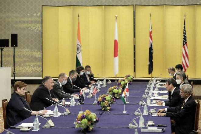 U.S. Secretary of State Mike Pompeo (second left) speaks to Japan Foreign Minister Toshimitsu Motegi (second right) External Affairs Minister Subrahmanyam Jaishankar (right) and Australia Foreign Minister Marise Payne (left) during the Quadrilateral Security Dialogue (Quad) ministerial meeting in Tokyo, Japan on October 6, 2020.   | Photo Credit: AP