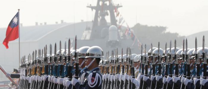 Taiwan's navy sailors take part in the commissioning ceremony of PFG-1112 Ming Chuan and PFG-1115 Feng Chia, Perry-class guided-missile frigates, at Kaohsiung's Zuoying naval base, Taiwan. (REUTERS)
