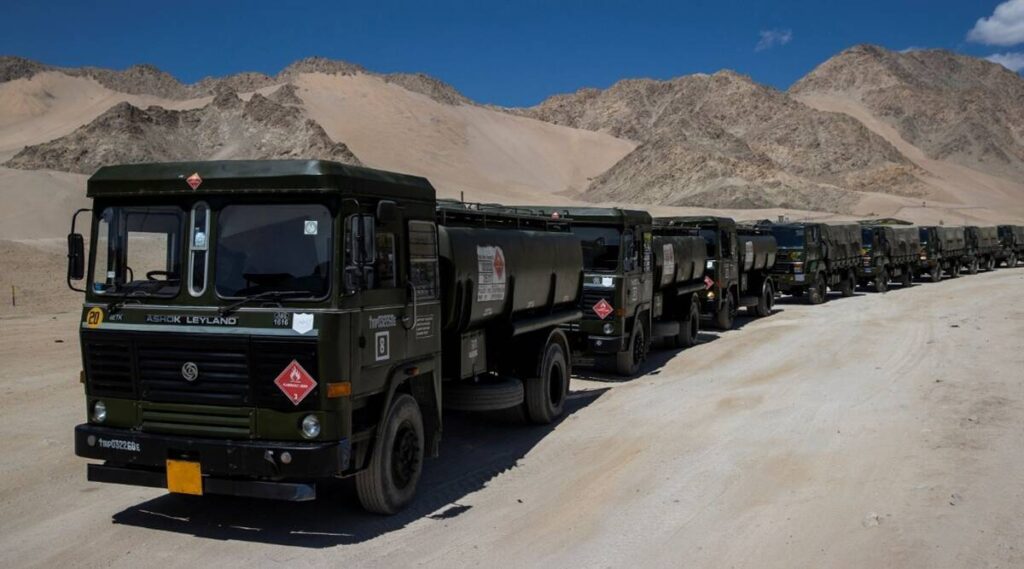 Military trucks carrying supplies move towards forward areas in the Ladakh region. Credit: Reuters Photo
