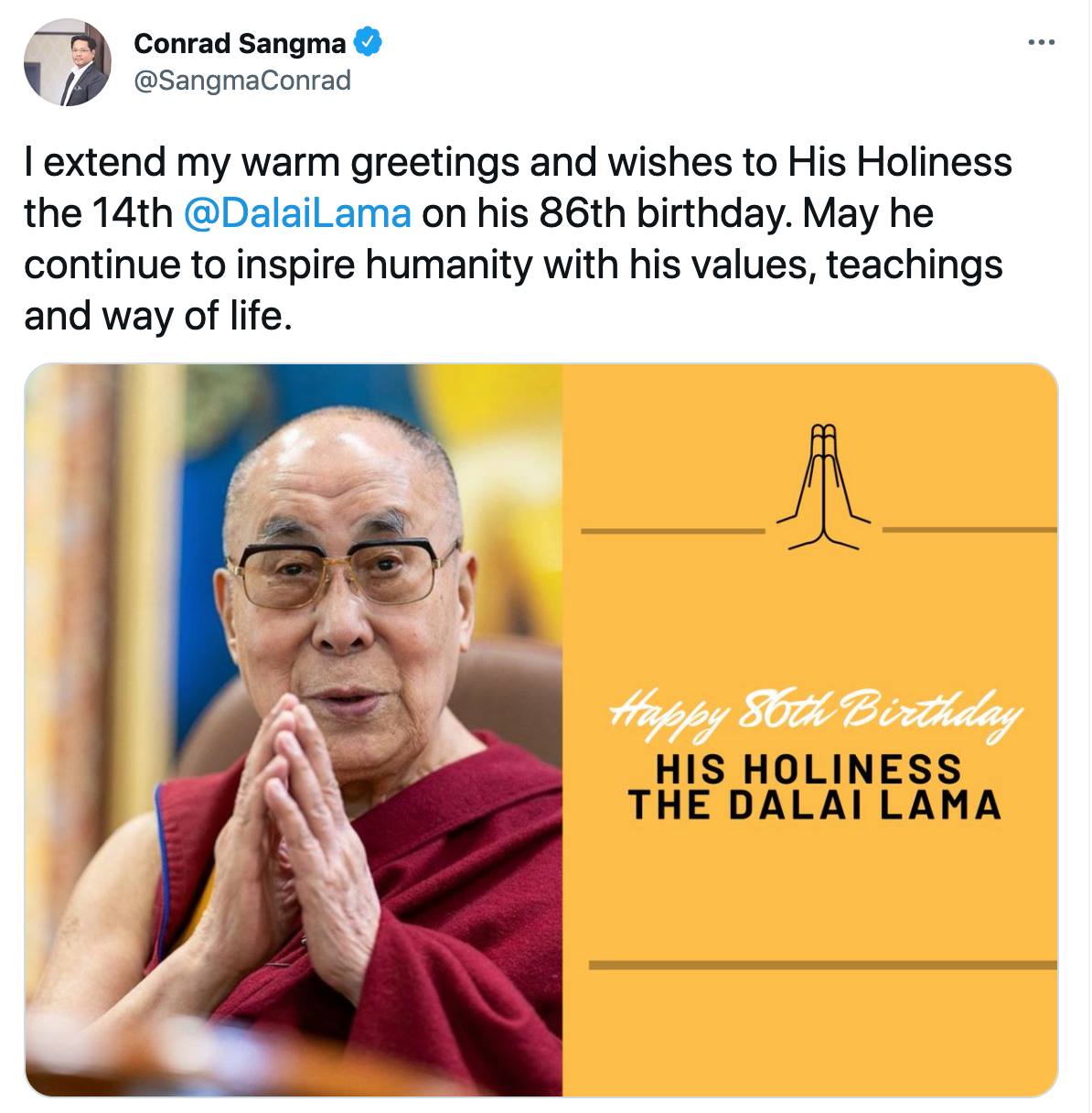 Meghalaya Chief Minister Conrad Sangma greets His Holiness the 14th Dalai Lama on his 86th birthday. 