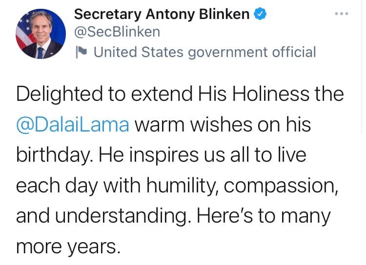 U.S. Secretary of State Antony Blinken greets His Holiness the 14th Dalai Lama on his 86th birthday. 