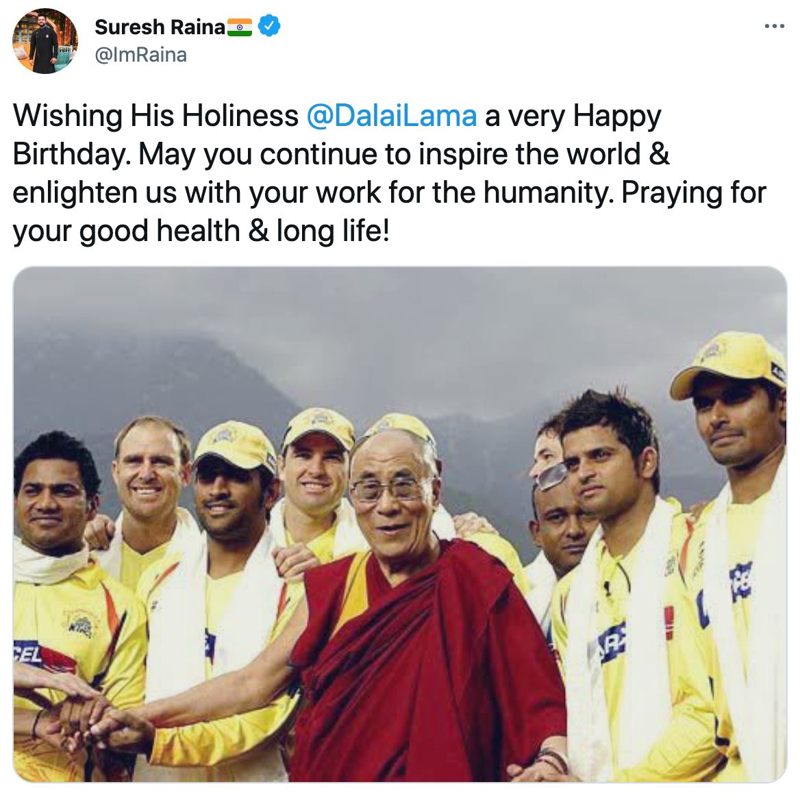 Indian Cricketer Suresh Raina greets His Holiness the 14th Dalai Lama on his 86th birthday.