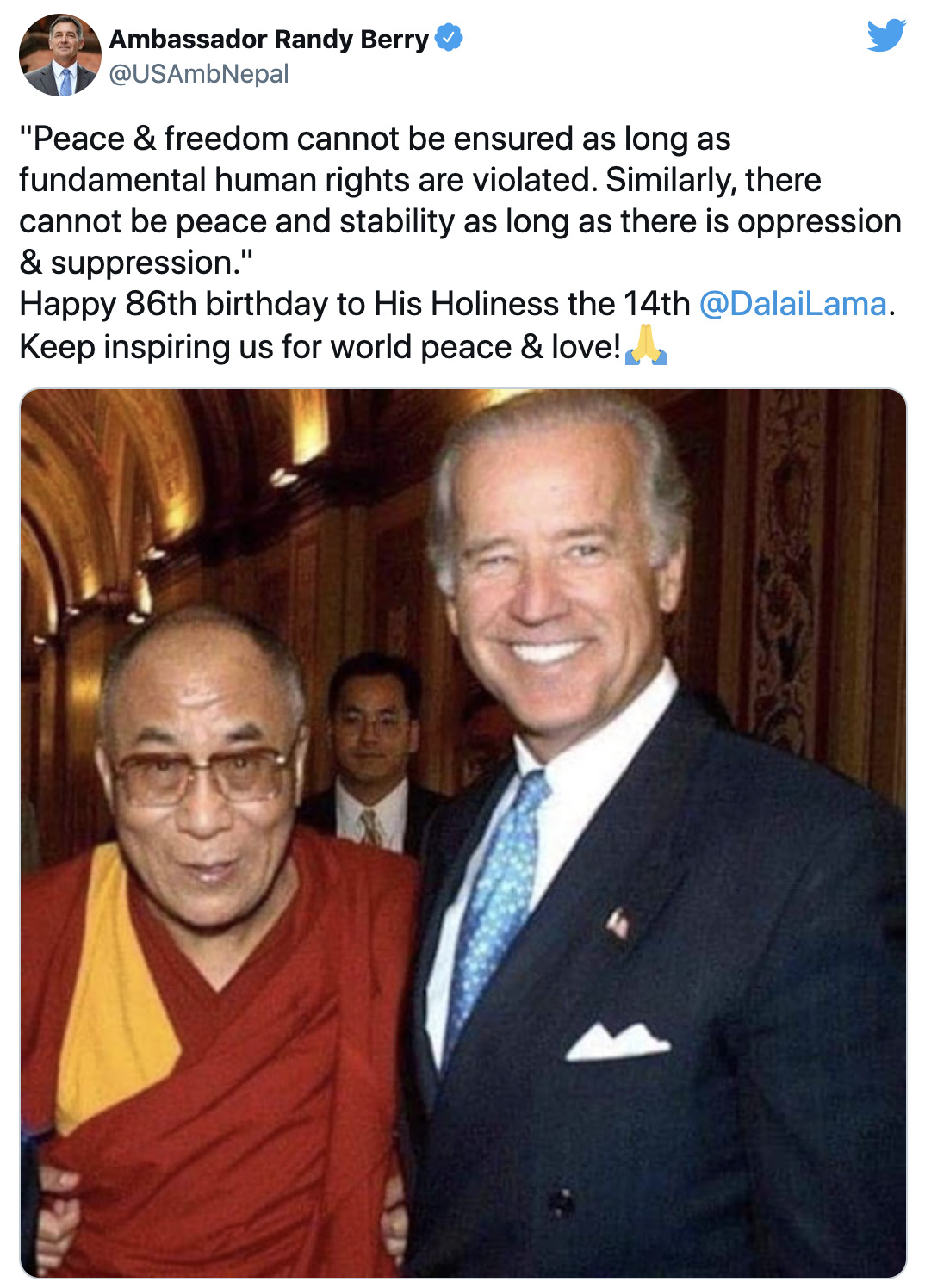  US Ambassador to Nepal Randy Berry greets His Holiness the 14th Dalai Lama on his 86th birthday. 