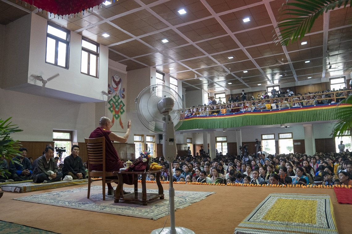 His Holiness 14th Dalai Lama addressing Tibetan students at the Youth Hostel in Delhi.