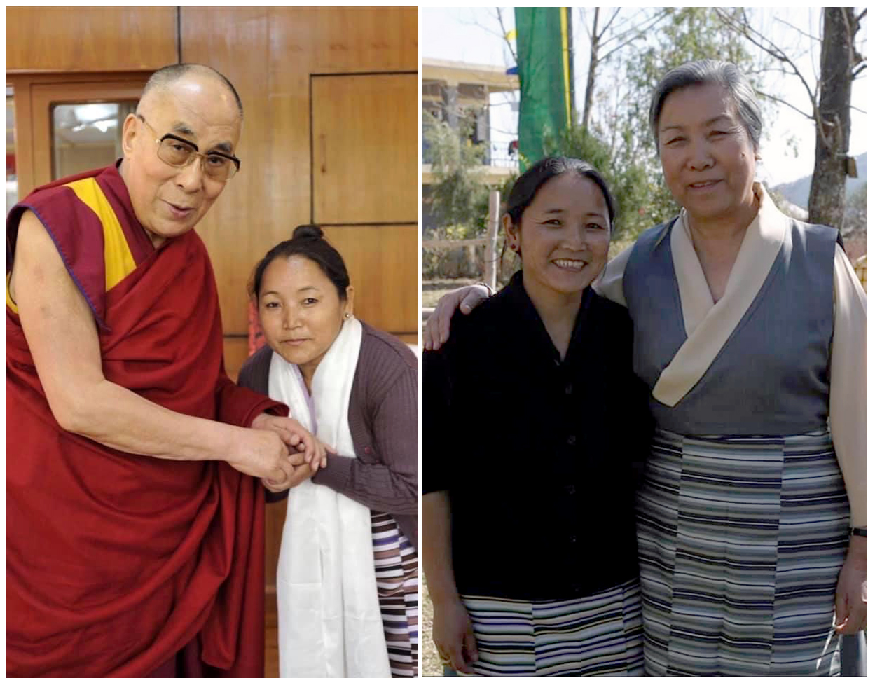 Mrs. Karma Dolma with His Holiness the 14th Dalai Lama (left) and Ama Jetsun Pema la (right). 