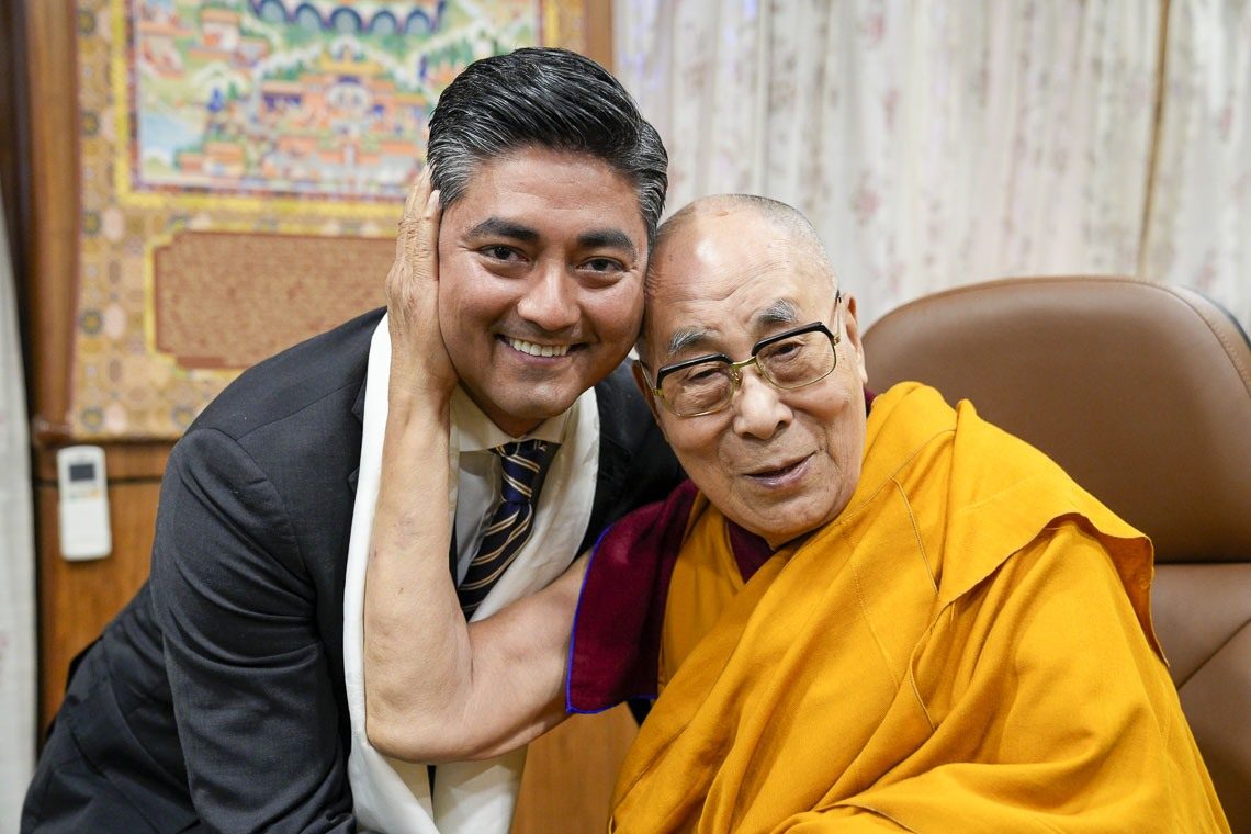 His Holiness the 14th Dalai Lama with Cincinnati Mayor Aftab Karma Singh Pureval at His Holiness' residence. Photo | OHHDL 